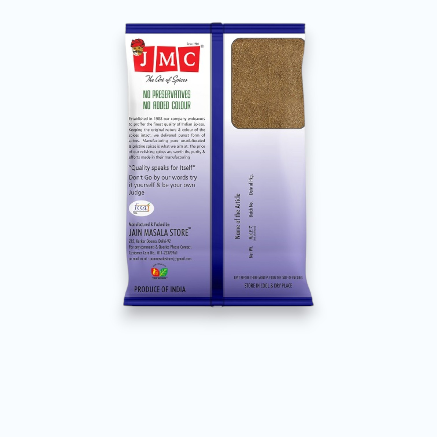 JMC Pure Jeera Cumin Powder 500g Back Packaging